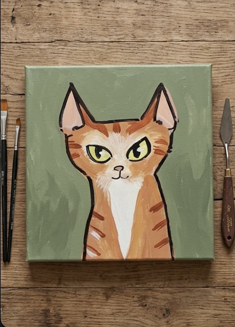 Acrylic portrait of an orange tabby on a sage green canvas